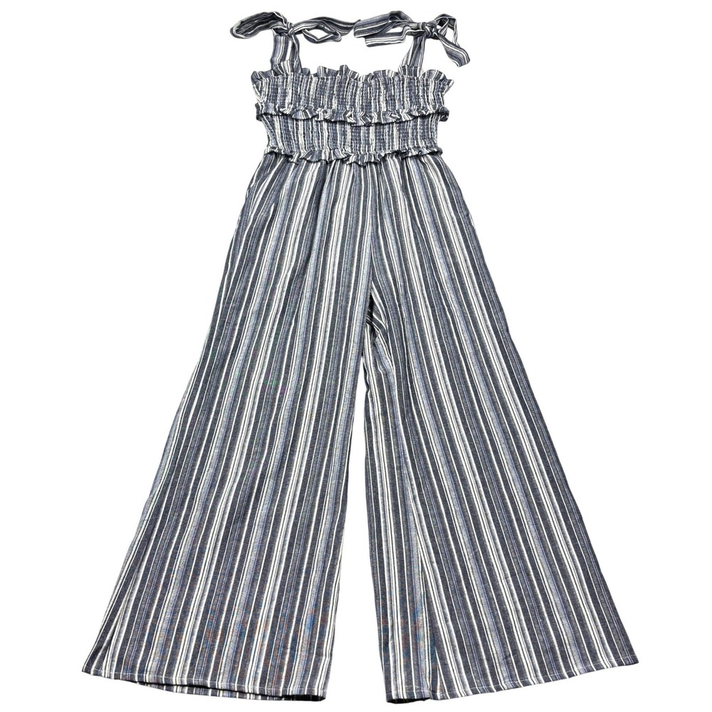 Kittenish Jumpsuit Womens Small Blue Stripe Smocked Tie Shoulder Wide Leg S